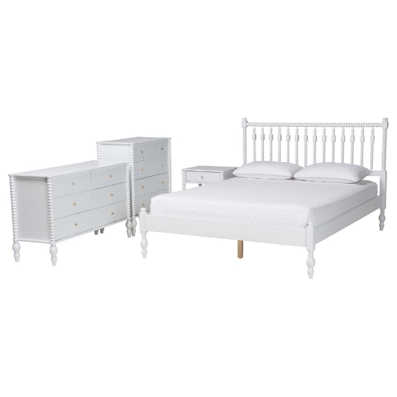 Baxton Studio Denita Spindle 4-Piece Bedroom Set - Farmhouse Platform Bed with Matching Dresser, Chest, and 1-Drawer Nightstand, White, Full