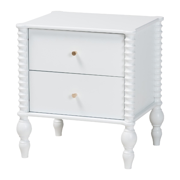 Baxton Studio Callison Spindle Nightstand - 2-Drawer Farmhouse Bedside Table with Turned Accents for Bedroom, White
