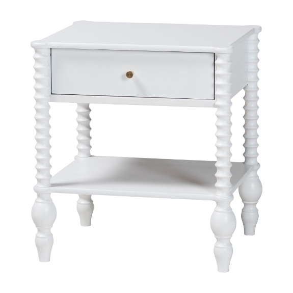 Baxton Studio Callison Spindle Nightstand - 1-Drawer Farmhouse Bedside Table with Open Shelf Storage and Turned Accents for Bedroom, White
