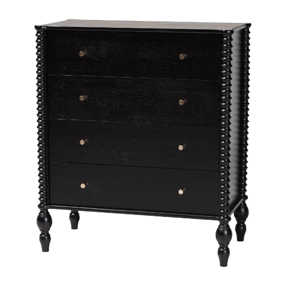 Baxton Studio Callison Spindle Chest - 4-Drawer Farmhouse Vertical Cabinet with Turned Accents for Bedroom, Black