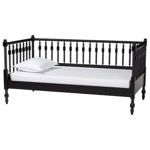 Baxton Studio Callison Spindle Daybed - Turned Farmhouse Sofa Bed with Spoked Frame Border for Living Room, Guest Room, or Kids Room, Black, Twin