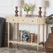 bali & pari Liba Console Table - 3-Drawer Accent Table with Scalloped Detailing and Open Shelf Storage for Hallway, Entryway, or Living Room - Liba-Beige-Wooden-3DRW-Console Table
