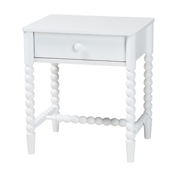 Baxton Studio Brantley Spindle Nightstand - 1-Drawer Bedside Table with Beaded Frame and Open Base for Bedroom, White
