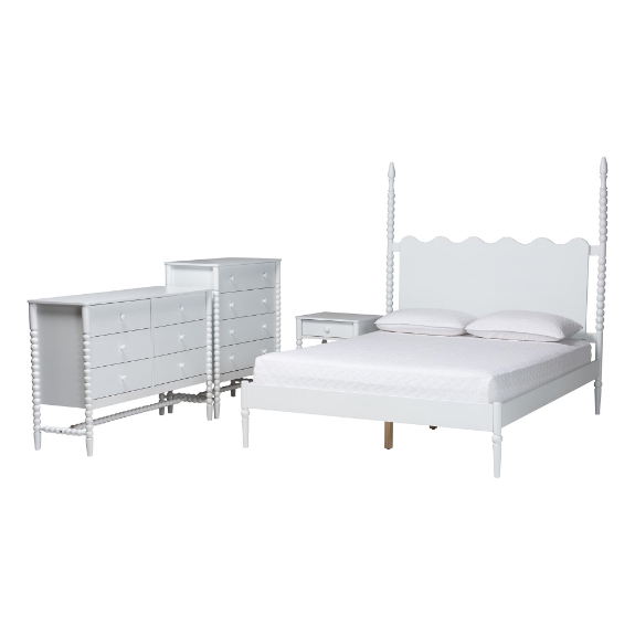 Baxton Studio Brantley Spindle 4-Piece Bedroom Set - Farmhouse Bed Frame with Matching Dresser, Chest, and 1-Drawer Nightstand, White, Queen