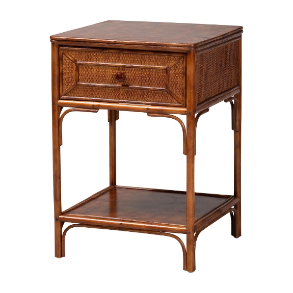 bali & pari Basile Marbled Tortoise Natural Rattan End Table - Handwoven Wicker Accent Table with Geometric Overlay Drawer and Open Shelf for Living Room