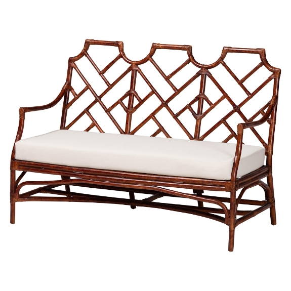bali & pari Aella Marbled Tortoise Natural Rattan Loveseat Bench with Cushion - Handcrafted Boho Style Settee with Open Back and Curved Arms for Living Room, Entryway or Sunroom