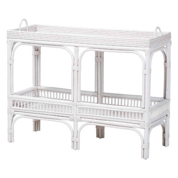 bali & pari Lombok Natural Rattan Console Table - Handwoven Wicker 2-Tier Accent Table with Raised Tray Top for Living Room or Entryway, White