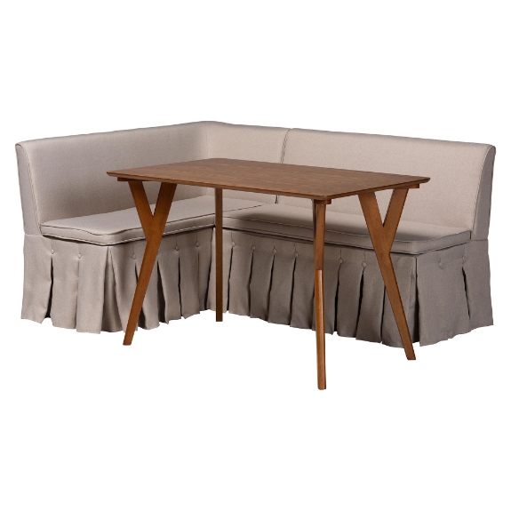 Baxton Studio Reginald 3-Piece Fabric Upholstered Dining Nook Set - Corner Kitchen Dining Banquette Set with Skirted Base, L-Shaped Seating for Small Spaces, Beige
