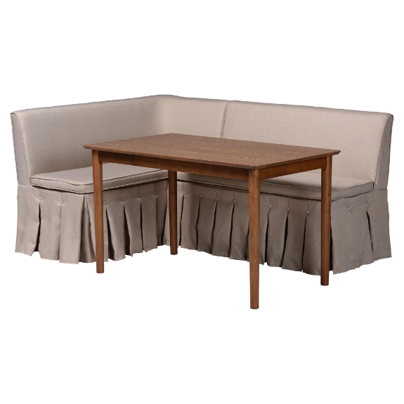 Baxton Studio Reuben 3-Piece Fabric Upholstered Dining Nook Set - Corner Kitchen Dining Banquette Set with Skirted Base, L-Shaped Seating for Small Spaces, Beige