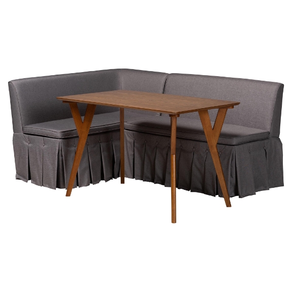 Baxton Studio Reginald 3-Piece Fabric Upholstered Dining Nook Set - Corner Kitchen Dining Banquette Set with Skirted Base, L-Shaped Seating for Small Spaces, Grey