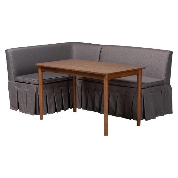Baxton Studio Reuben 3-Piece Fabric Upholstered Dining Nook Set - Corner Kitchen Dining Banquette Set with Skirted Base, L-Shaped Seating for Small Spaces, Grey