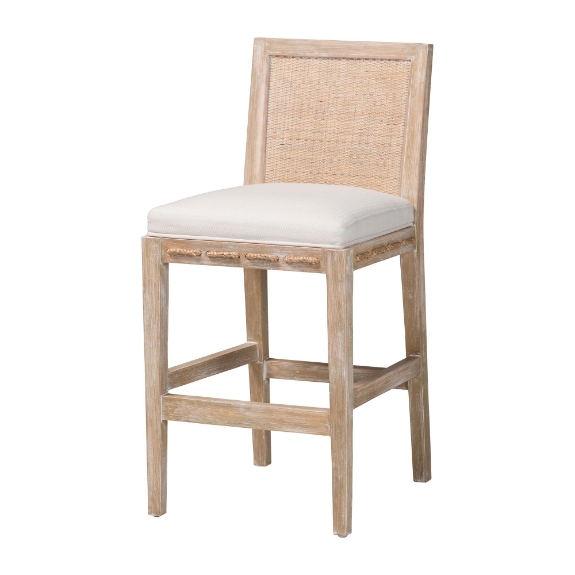 bali & pari Ashford Whitewash Rattan Counter Stool - Mahogany Wood Frame with Handwoven Wicker Backrest and Braided Rope Inserts for Coastal Kitchen