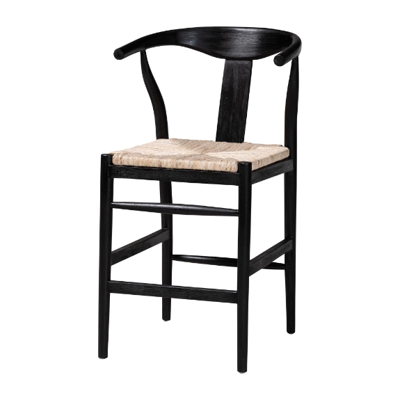 bali & pari Fika Wishbone Counter Stool with Handwoven Seagrass Seat - Mahogany Wood Frame Counter Height Seating for Kitchen Island or Dining Area, Black