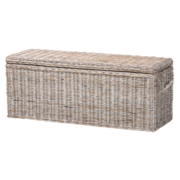bali & pari Clarette Whitewashed Rattan Storage Bench - Handwoven Wicker Storage Trunk with Lift-Top Lid, Boho Coastal Seating for Living Room, Bedroom, or Entryway