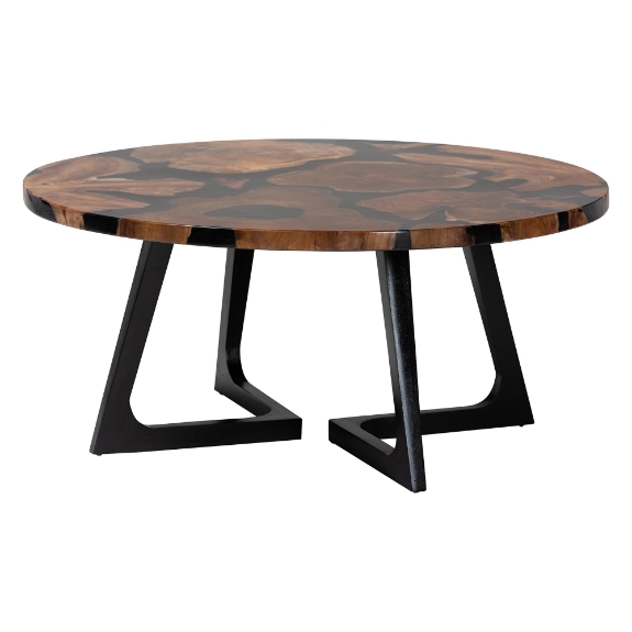 bali & pari Agata Wood and Epoxy Resin Coffee Table - Handcrafted Live Edge Teak Accent Table with Sculptural Base