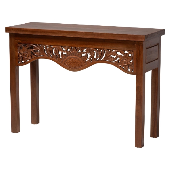 bali & pari Alannis Mahogany Wood Console Table - Accent Table with Carved Floral Apron for Entryway, Living Room, or Hallway