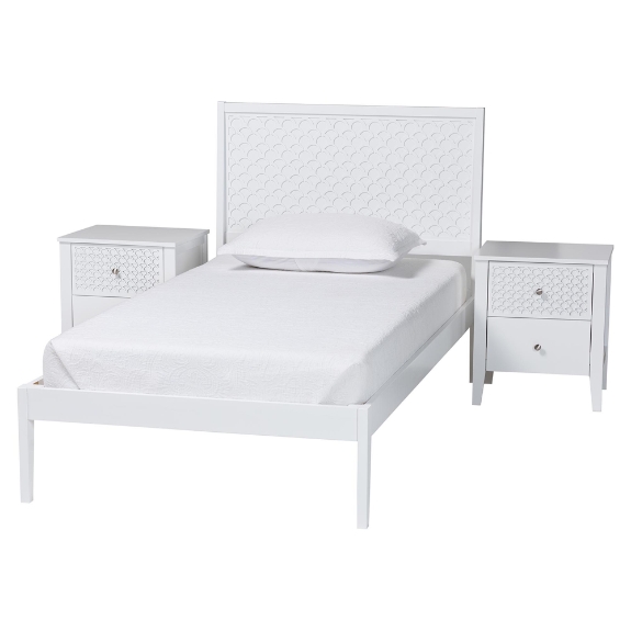 Baxton Studio Lara Twin 3-Piece Bedroom Set - Modern Wood Bed Frame with Matching Nightstands, Decorative Laser-Cut Headboard Overlay, White