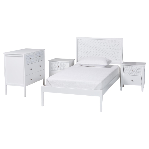 Baxton Studio Lara Twin 4-Piece Bedroom Set - Modern Wood Bed Frame with Matching Nightstands and Dresser, Decorative Laser-Cut Overlay, White