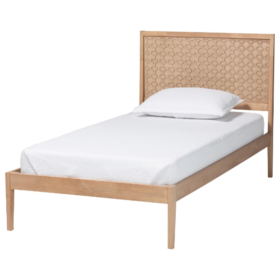 Baxton Studio Lara Twin Platform Bed - Modern Wood Bed Frame with Laser-Cut Decorative Headboard Overlay, Oak Brown