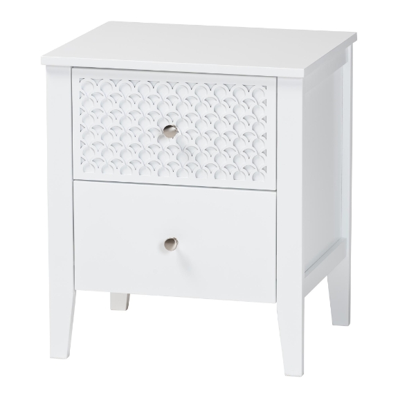 Baxton Studio Lara Nightstand - 2-Drawer Bedside Table with Laser-Cut Geometric Overlay for Bedroom or Guest Room, White
