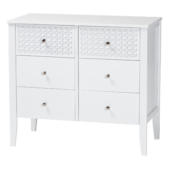 Baxton Studio Lara Dresser - 6-Drawer Bedroom Storage Chest with Laser-Cut Geometric Overlay for Clothing and Organization, White