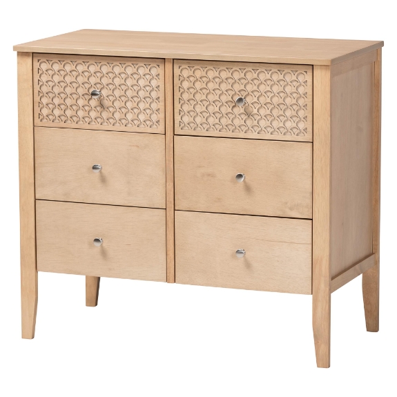 Baxton Studio Lara Dresser - 6-Drawer Bedroom Storage Chest with Laser-Cut Geometric Overlay for Clothing and Organization, Oak Brown
