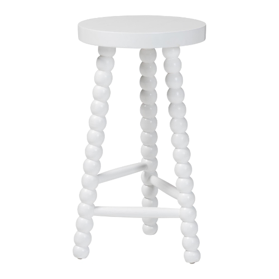 bali & pari David Acacia Wood Bobbin Counter Stool - Sculptural Backless Accent Stool for Kitchen Island or Lounge with Footrest, White