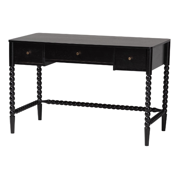Baxton Studio Lucera Bobbin Writing Desk - 3-Drawer Home Office Desk with Spindle Frame, Black