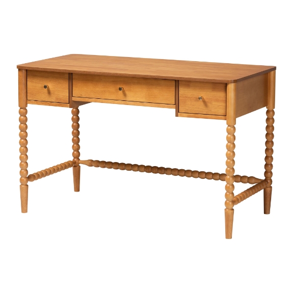 Baxton Studio Lucera Bobbin Writing Desk - 3-Drawer Home Office Desk with Spindle Frame, Oak Brown