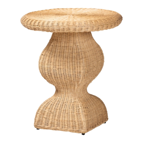 bali & pari Hideo Natural Rattan End Table - Handwoven Wicker Sculptural Accent Table with Pedestal Base