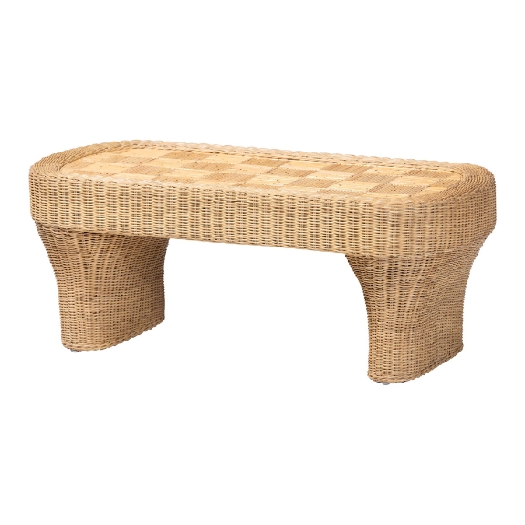 bali & pari Canika Natural Rattan Coffee Table - Handwoven Wicker Accent Table with Checkered Tabletop and Waterfall Base for Living Room or Sunroom