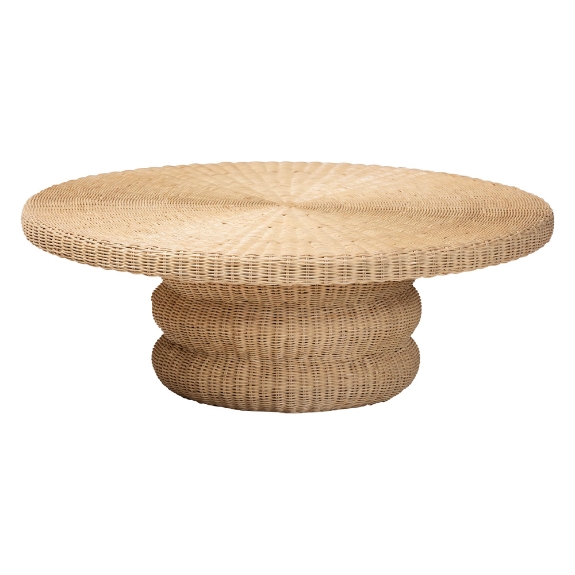 bali & pari Silvia Natural Rattan Coffee Table - Handwoven Wicker Accent Cocktail Table with Pedestal Base for Living Room or Sunroom