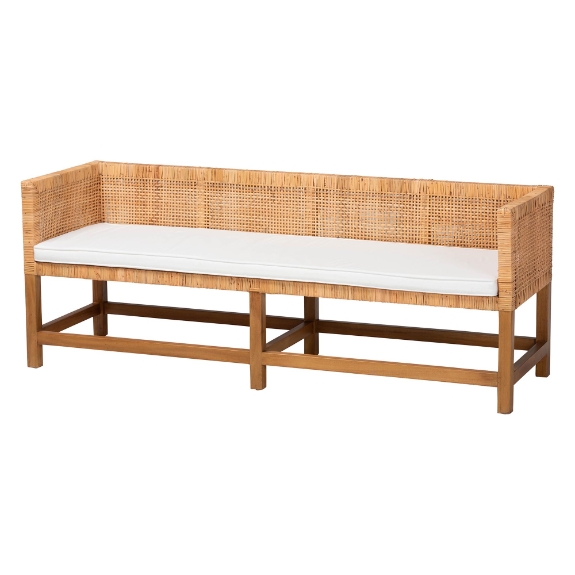 bali & pari Vivan Natural Rattan Bench - Handwoven Wicker Accent Seating with Cushion and Backrest