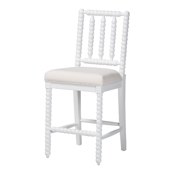 bali & pari Deya Bobbin Counter Stool - Sculptural Wood Kitchen Seating with Upholstered Seat and Spindle Back, White