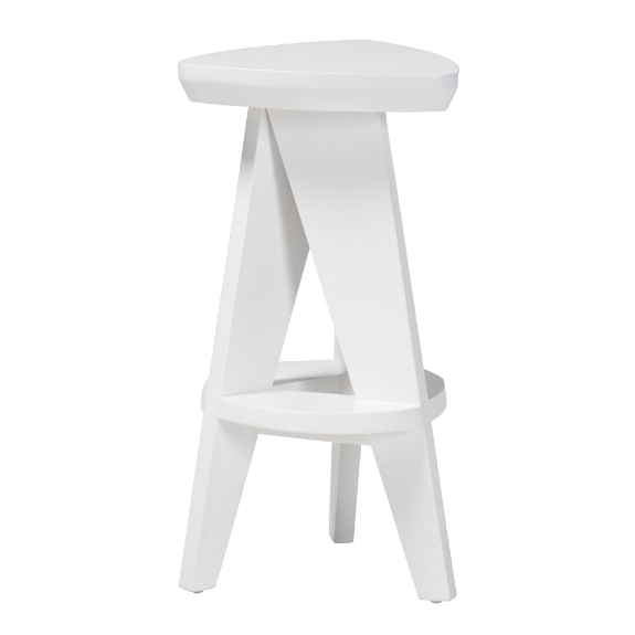 bali & pari Roy Wood Counter Stool - Sculptural Backless Accent Stool with Geometric Base and Integrated Footrest, White