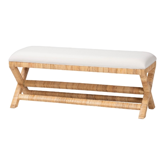 bali & pari Christy Natural Rattan Bench - Hand Wrapped Wicker Accent Seating with Upholstered Cushion and Crisscross Frame