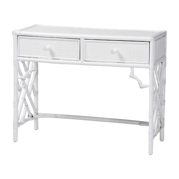 bali & pari Lindie Natural Rattan Writing Desk with Two Drawers, White