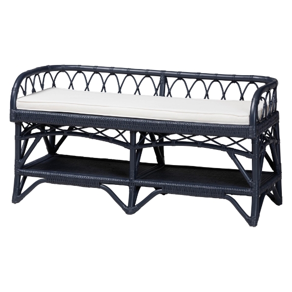 bali & pari Leryn Natural Rattan Bench with Shelf, Navy Blue