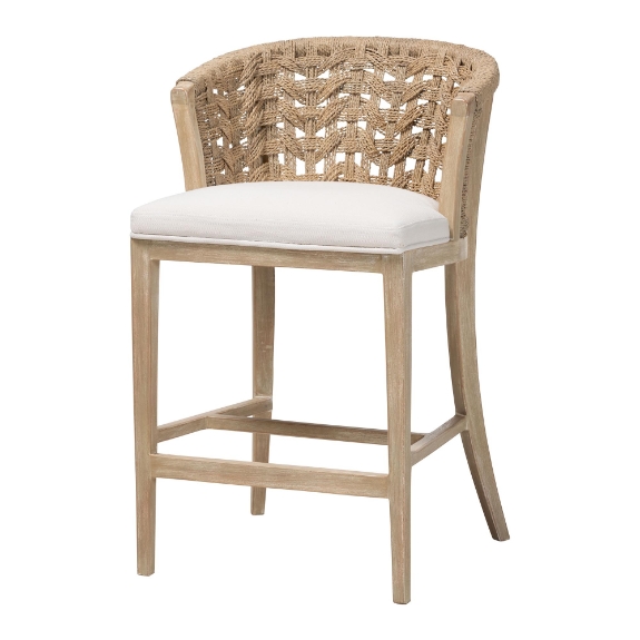 bali & pari Vellon Woven Seagrass and White Wash Mahogany Wood Counter Stool