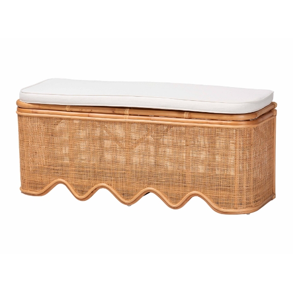 bali & pari Rivka Natural Rattan Storage Bench with Scalloped Base and Cushion