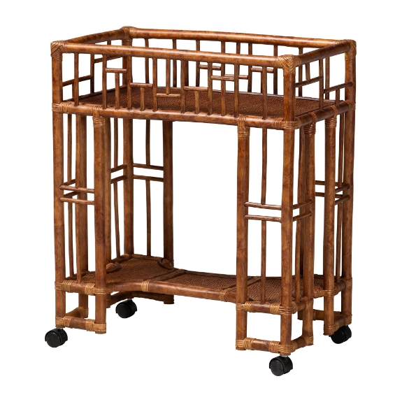 bali & pari Tahlia Marbled Tortoise Rattan Kitchen Cart with Open Shelf