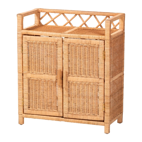 bali & pari Hendrina Natural Rattan and Mahogany Wood Shoe Cabinet, 3-Tier
