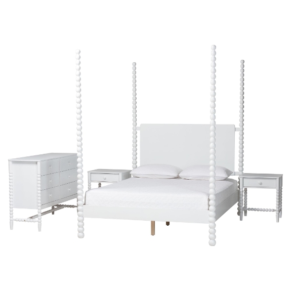 Baxton Studio Cherene 4-Piece Bedroom Set, White, Queen