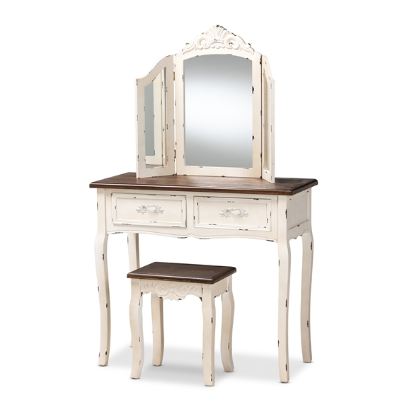 Baxton Studio Levron Classic and Traditional Two-Tone Walnut Brown and Antique White Finished Wood 2-Piece Vanity Set