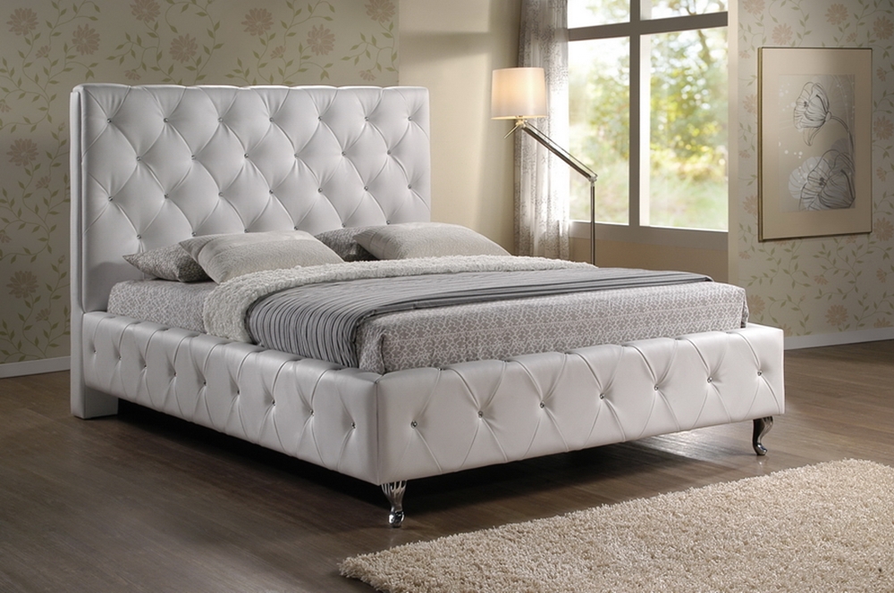 Baxton Studio Stella Crystal Tufted, White Leather Upholstered Bed King