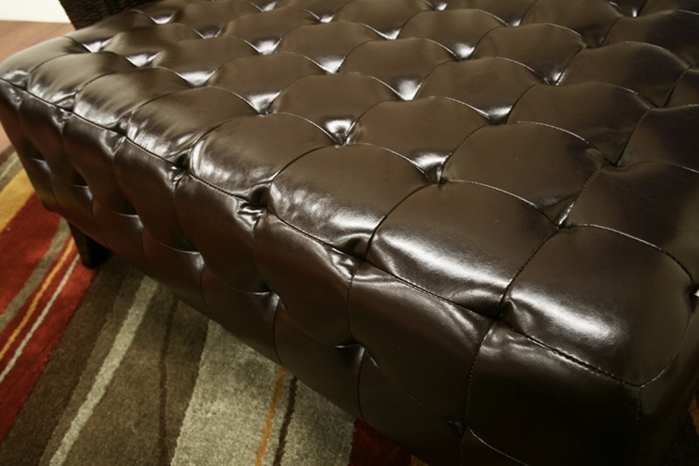Pemberly Dark Brown Bonded Leather, Light Brown Leather Square Ottoman