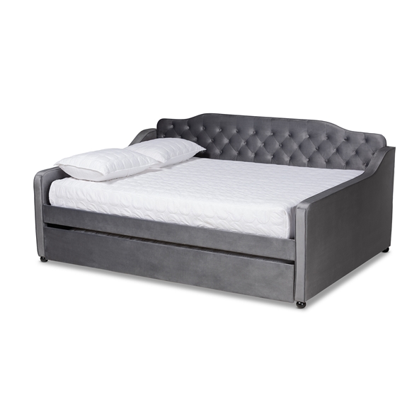 Baxton Studio Freda Transitional and Contemporary Grey Velvet Fabric Upholstered and Button Tufted Full Size Daybed with Trundle