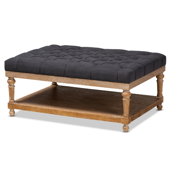 Baxton Studio Lindsey Modern and Rustic Charcoal Linen Fabric Upholstered and Greywashed Wood Cocktail Ottoman