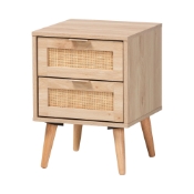 Baxton Studio Baird Mid-Century Modern Light Oak Brown Finished Wood and Rattan 2-Drawer End Table Baxton Studio restaurant furniture, hotel furniture, commercial furniture, wholesale living room furniture, wholesale end table, classic end table