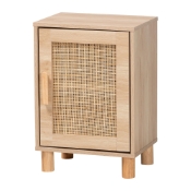 Baxton Studio Maclean Mid-Century Modern Rattan and Natural Brown Finished Wood 1-Door End Table Baxton Studio restaurant furniture, hotel furniture, commercial furniture, wholesale living room furniture, wholesale end table, classic end table